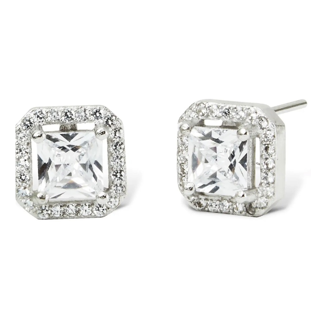 SAVVY CIE JEWELS Sterling Silver Asher Cut Halo CZ Stud Earrings